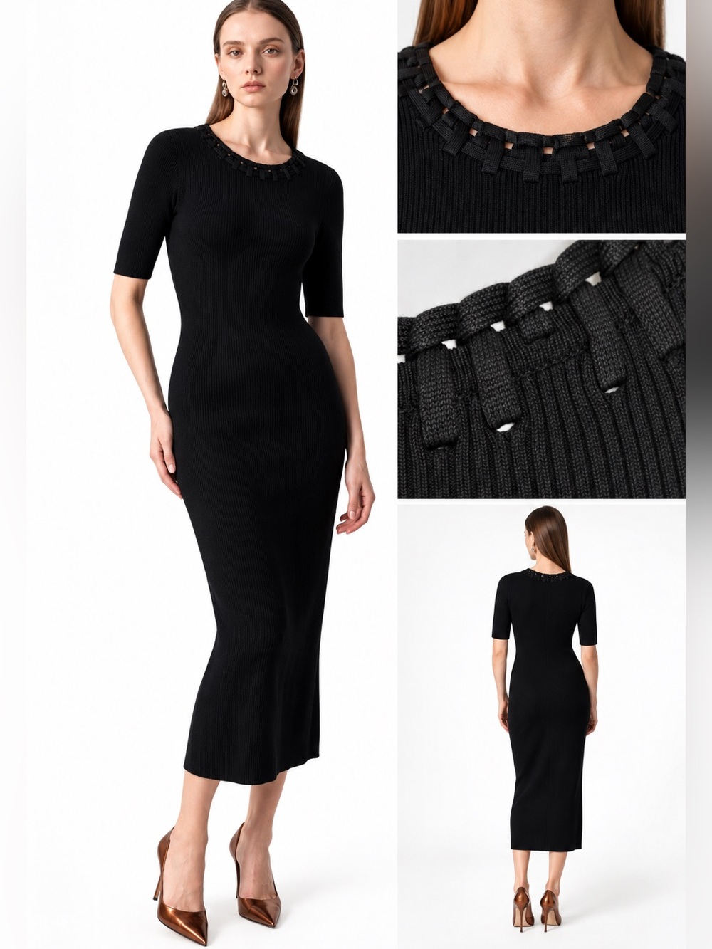 NWT Camila Coelho Revolve Black Ribbed Knit Midi Sweater Dress Laced Trim Size X